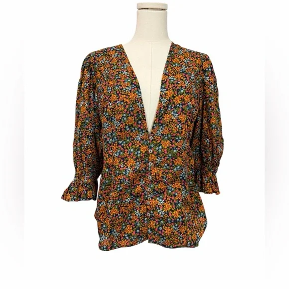 Free People Navy Combo I Found You Floral Print Blouse XL Boho Peasant Cotton - Picture 3 of 14